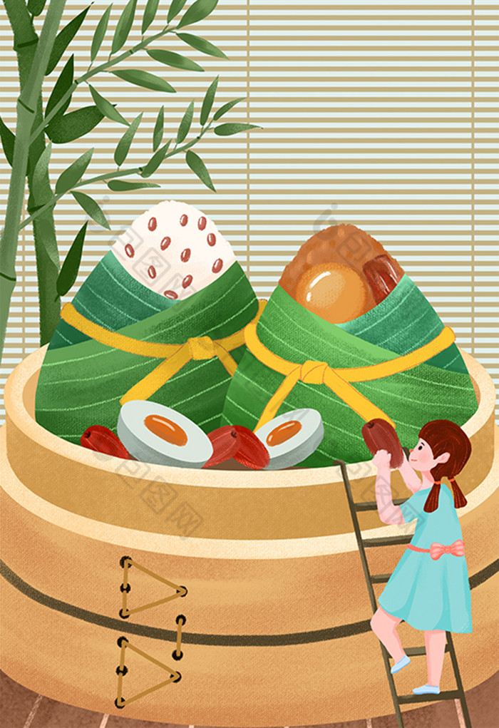 端午节吃粽子糯米蒸笼节日插画