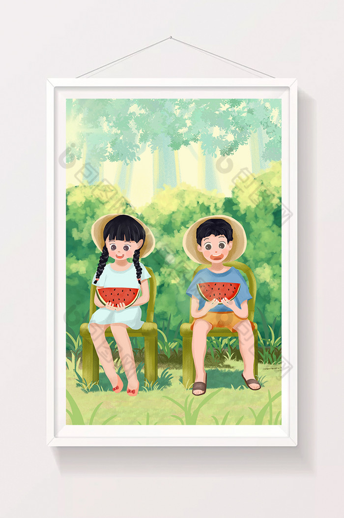 夏至节气夏日吃西瓜插画