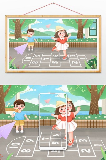 儿童节童年回忆游戏跳房子插画图片