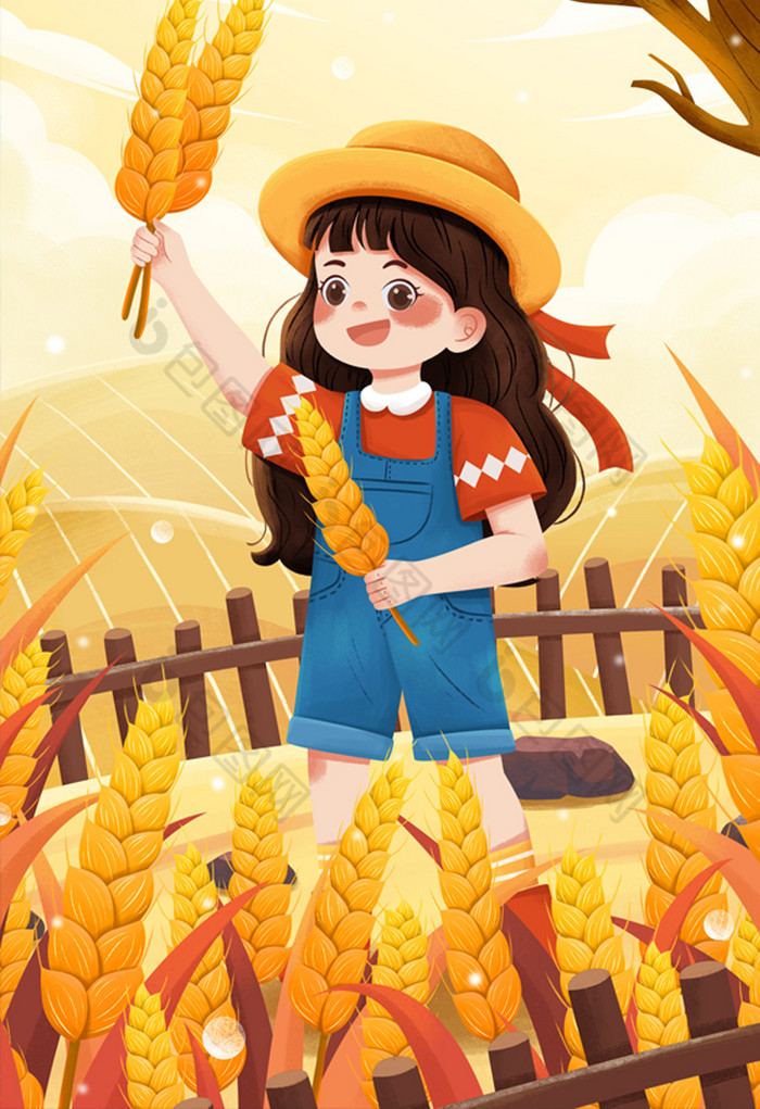 二十四节气芒种麦田拿麦穗女孩丰收插画图片模版