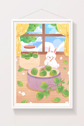 芒种节气兔子煮青梅插画图片