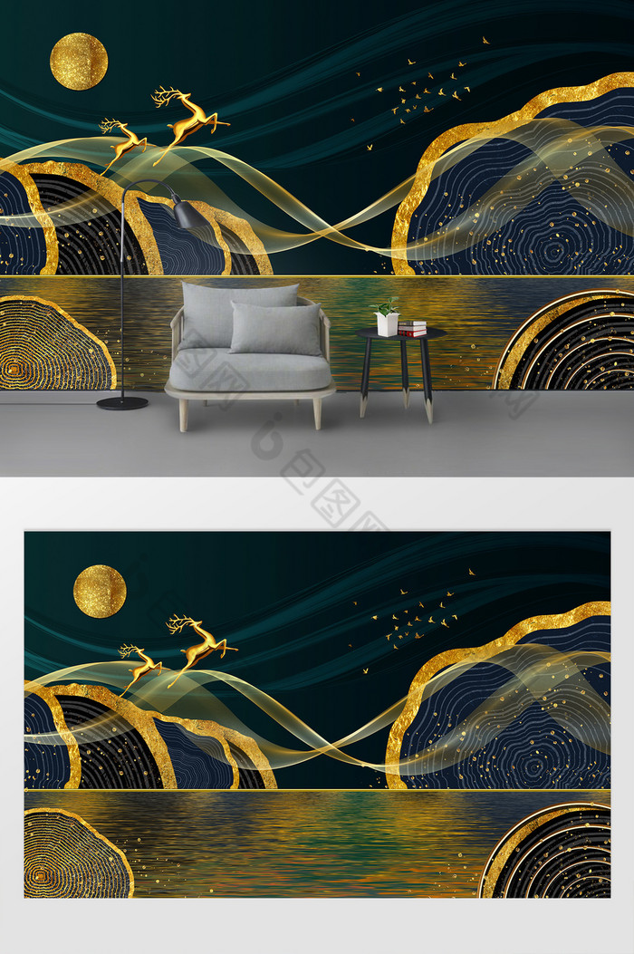 新中式轻奢抽象山水金色麋鹿线条电视背景墙图片图片