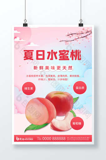 粉色水蜜桃新鲜水果手绘食品桃子美食宣传海图片