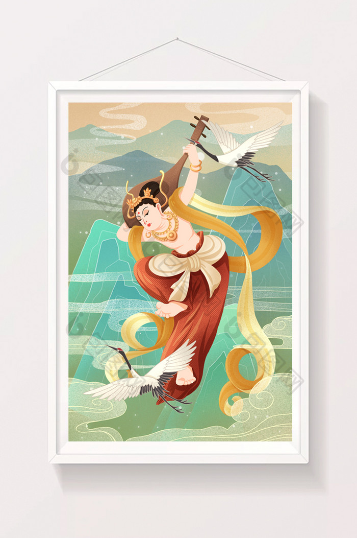 敦煌中国古风女子弹琵琶建筑插画图片图片