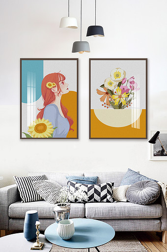手绘油画卡通太阳花女孩花卉客厅装饰画图片