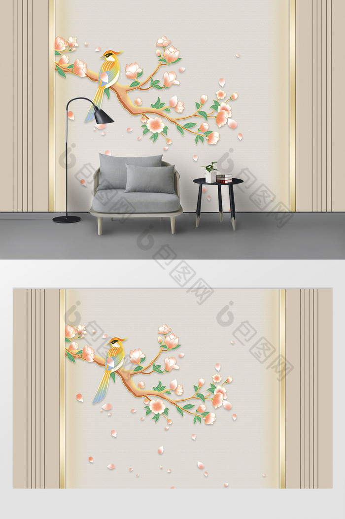 新中式妙笔生花花卉鸟中式简约背景墙图片图片