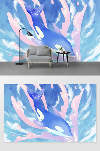蓝色梦幻插画鲸鱼可爱背景墙图片
