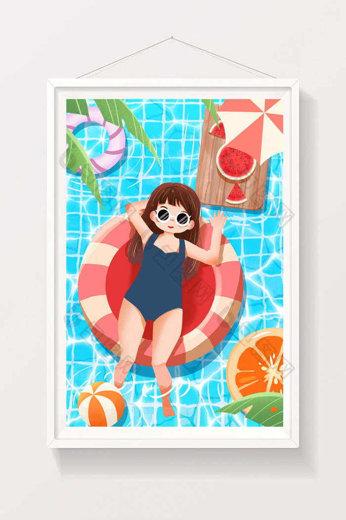 大暑节气女孩泳池避暑游泳圈享受插画图片图片