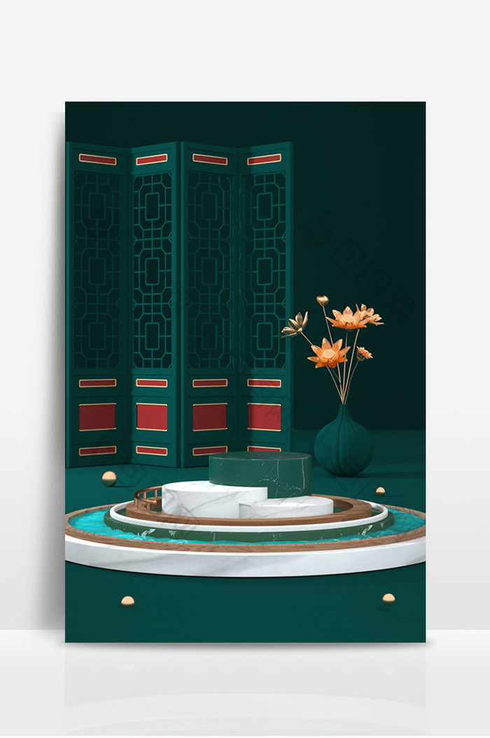 水墨中国风海报背景屏风花瓶产品展示台图片图片