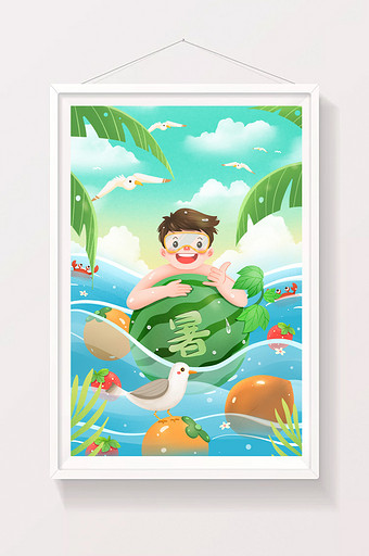 夏天游泳吃水果避暑插画图片