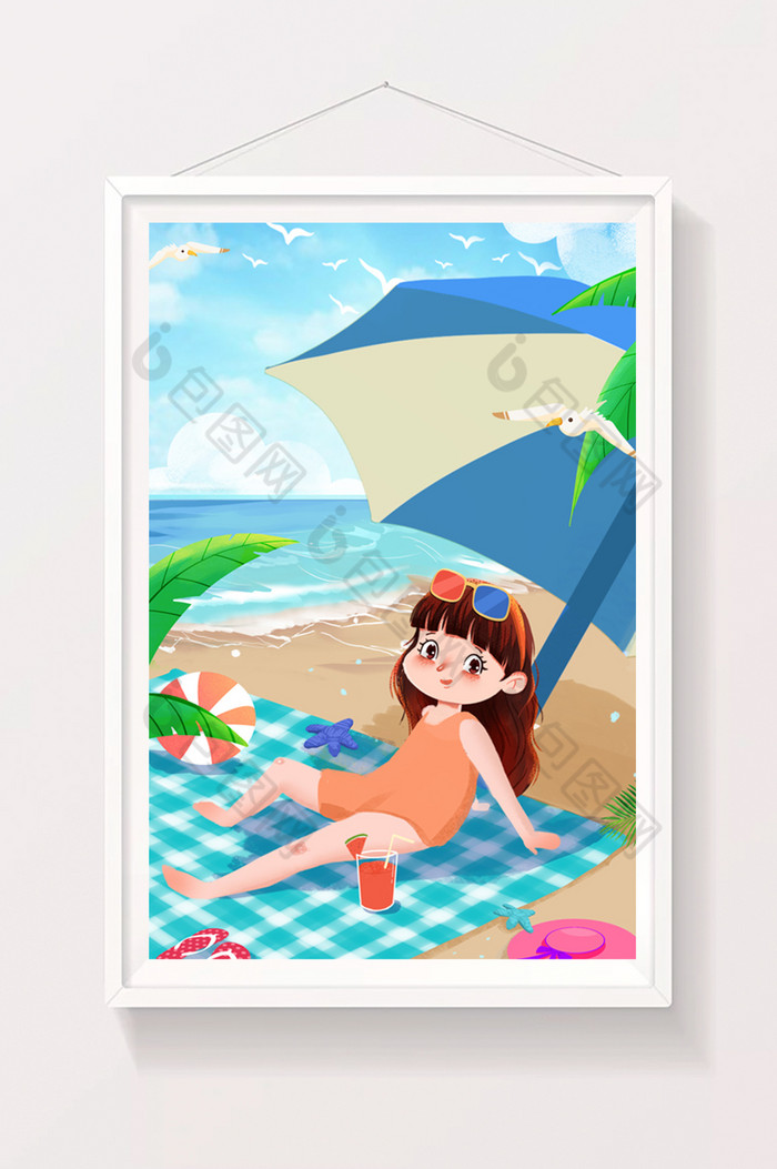 旅游女孩户外沙滩露营水果饮料遮阳伞插画图片图片