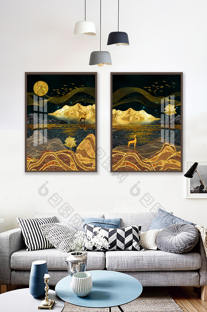 新中式轻奢金色麋鹿山水抽象线条装饰画图片图片