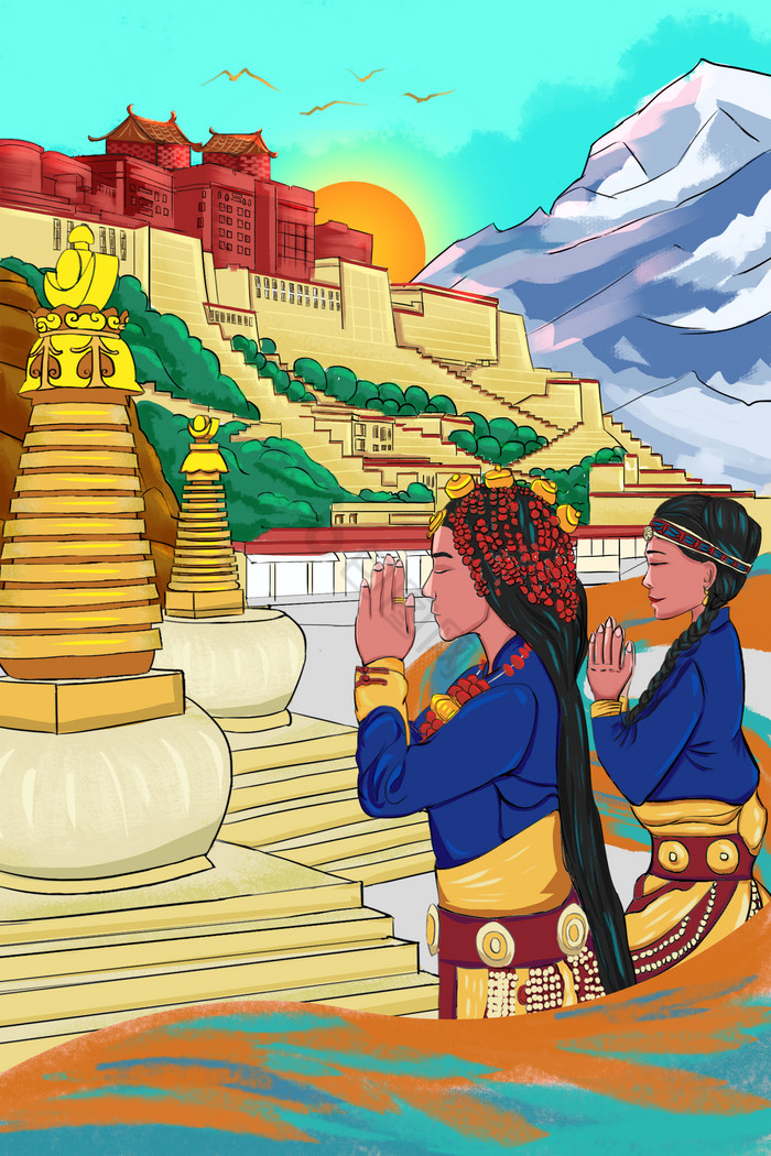 拉萨风景布达拉宫人文文化插画