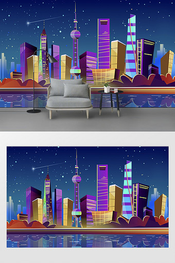 新现代卡通渐变夜景上海城市地标背景墙图片