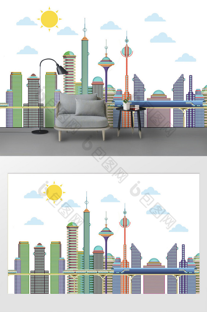 新现代漫画风摩天大楼城市背景墙图片图片
