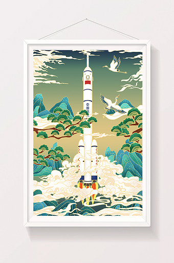 绿色中国航天 神舟火箭国潮风插画图片
