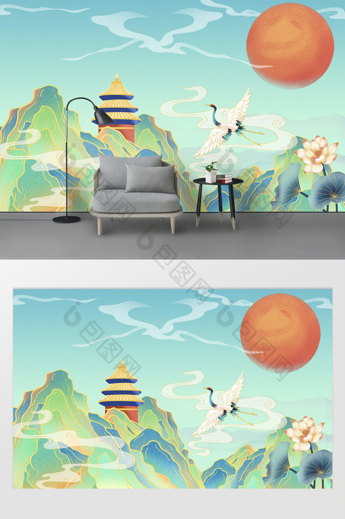 大气国潮仙鹤建筑新中式山水背景墙图片图片