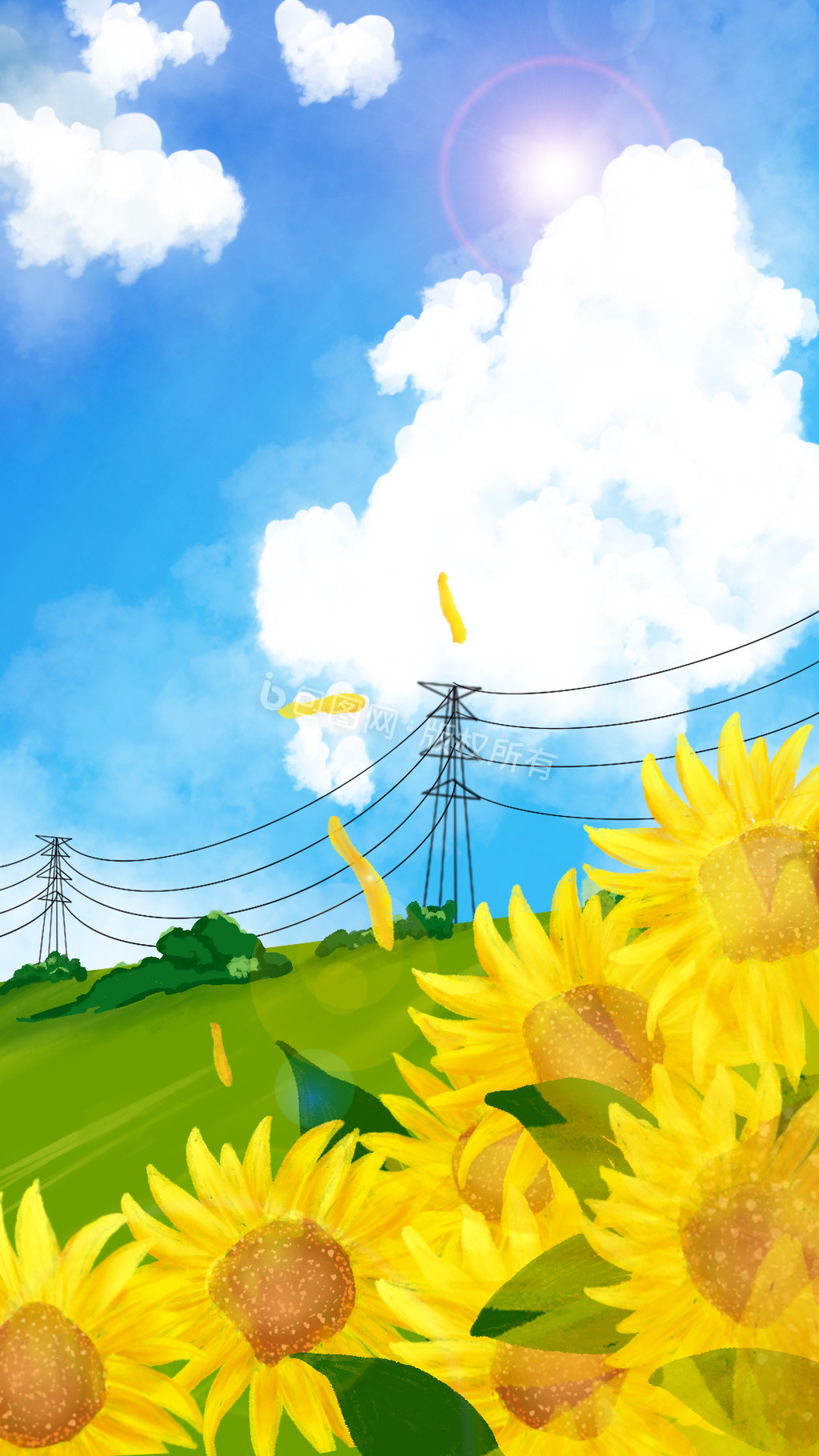 夏日向日葵天空云朵草地插画动图GIF图片