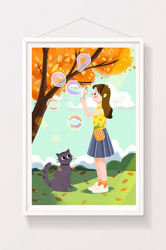 二十四节气之立秋小女孩和猫树下吹泡泡图片
