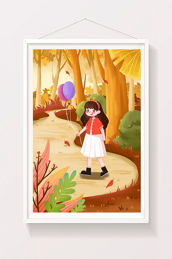 立秋树林里小女孩拿着气球散步暖黄色插画图片