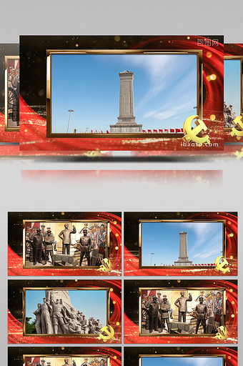 金色粒子红丝绸党政视频框pr模板图片