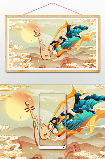 中国风国潮敦煌美女反弹琵琶山水插画图片