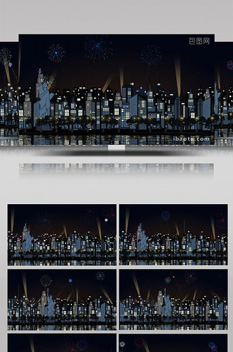卡通剪影夜晚城市烟花动画背景视频素材图片