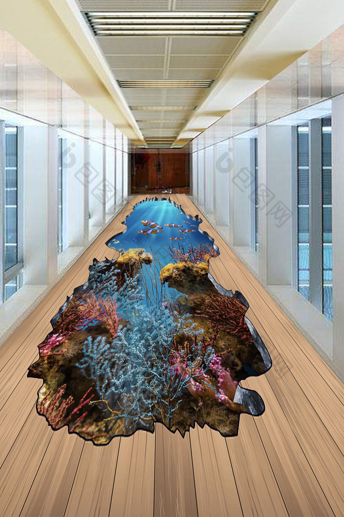 海洋3D立体小丑鱼海底3D木纹地板画图片图片