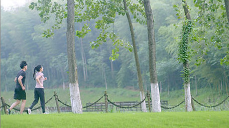 早上户外晨跑的年轻情侣实拍