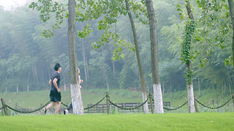 早上户外晨跑的年轻情侣实拍