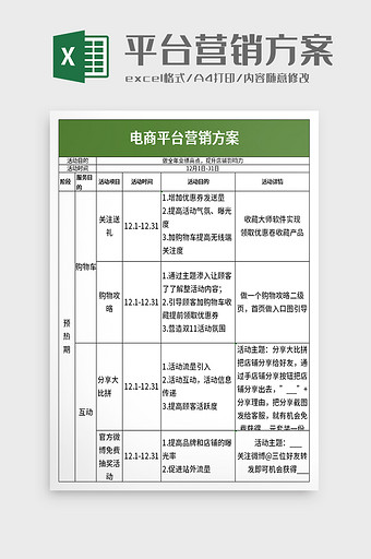 简洁电商平台营销方案excel模板图片