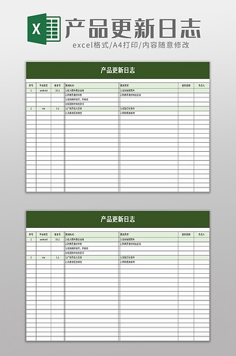 产品更新日志excel模板图片