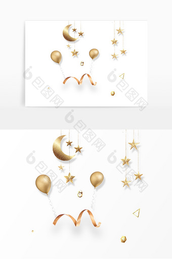 一组电商漂浮装饰元素金色彩带气球星星图片