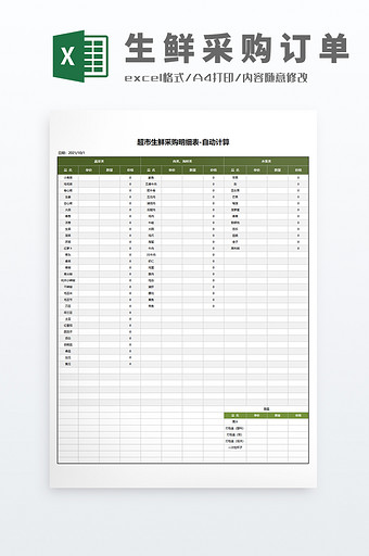 带公式超市生鲜采购明细清单Excel模板图片