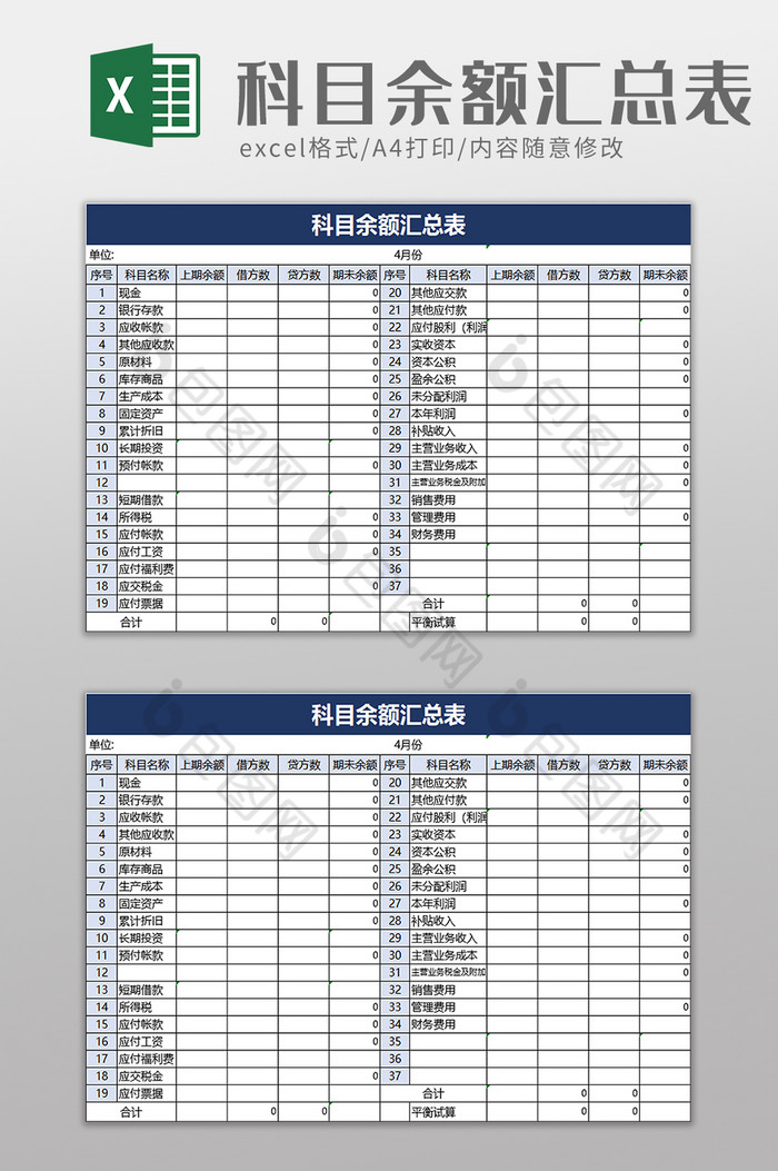 科目余额汇总表excel模板图片图片