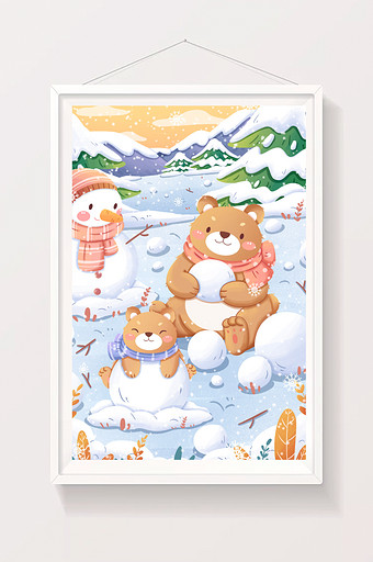 二十四节气小寒小熊堆雪人插画图片