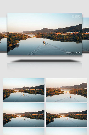 自然非遗杭州湘湖名胜风景区日落时4K航拍图片