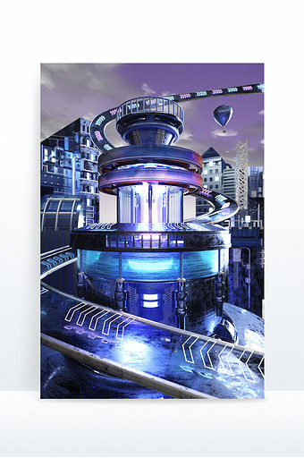 蓝紫色赛博朋克机械风格科幻主题C4D场景图片