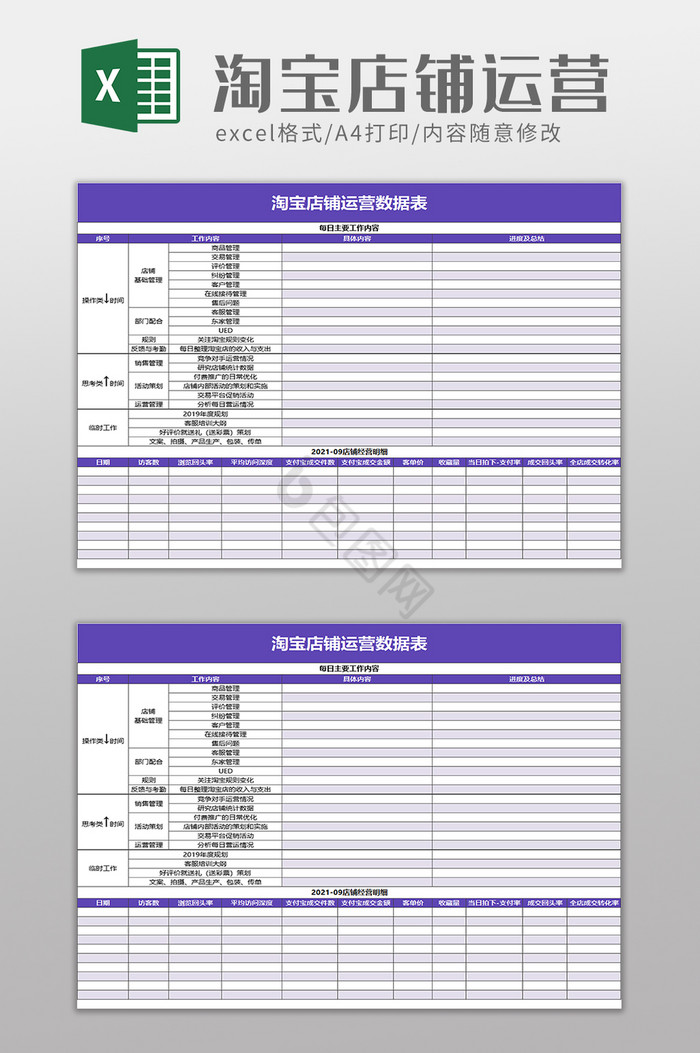 淘宝店铺运营数据表excel模板