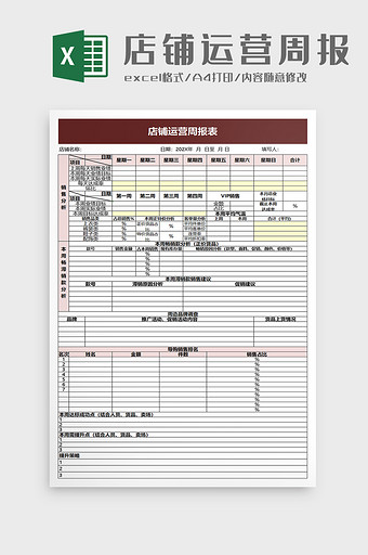 店铺运营周报表excel模板图片