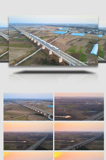 中国铁路高铁列车动车夕阳风光4K航拍图片