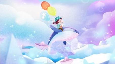 卡通彩色浪漫小船泡泡梦幻飞翔鲸鱼背景视频