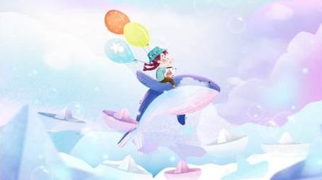 卡通彩色浪漫小船泡泡梦幻飞翔鲸鱼背景视频