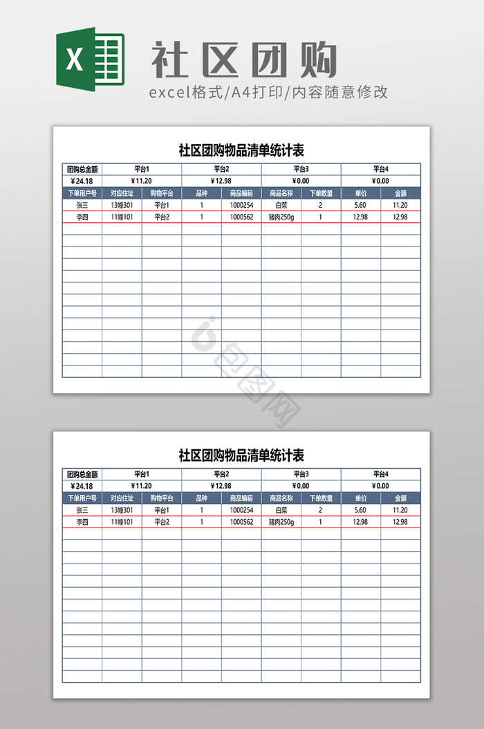 社区团购物品清单统计表