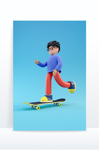 C4D创意卡通滑板少年运动人物模型图片