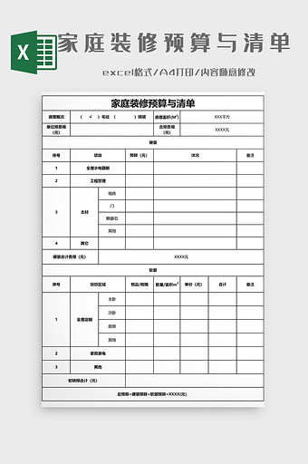 家庭装修预算与清单EXCEL模板图片