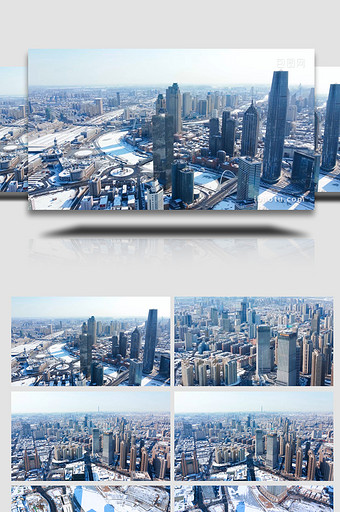 天津城市地标建筑金湾广场金街雪景航拍4k图片