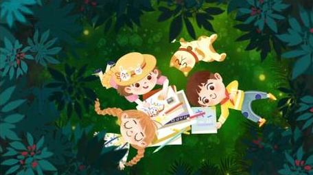 卡通创意梦幻浪漫绿色草地萤火虫背景视频