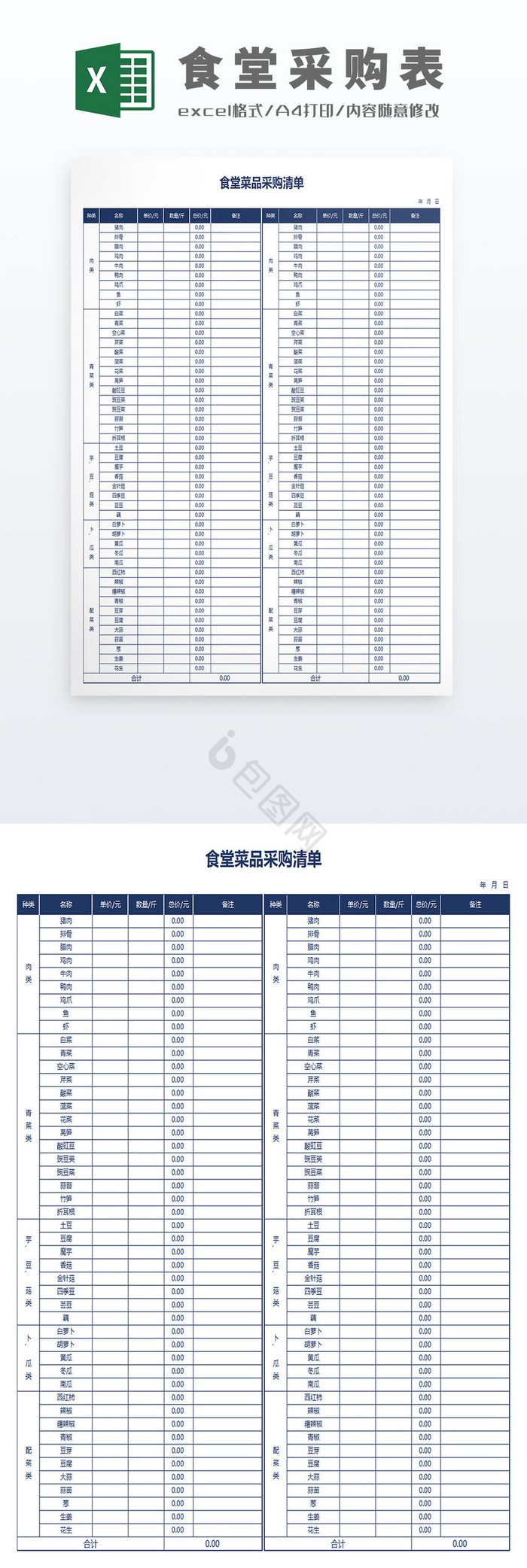 公式自动化公司企业食堂餐厅食品采购订货单