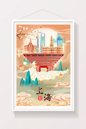 中国风国潮山水建筑上海东方明珠世博会插画图片
